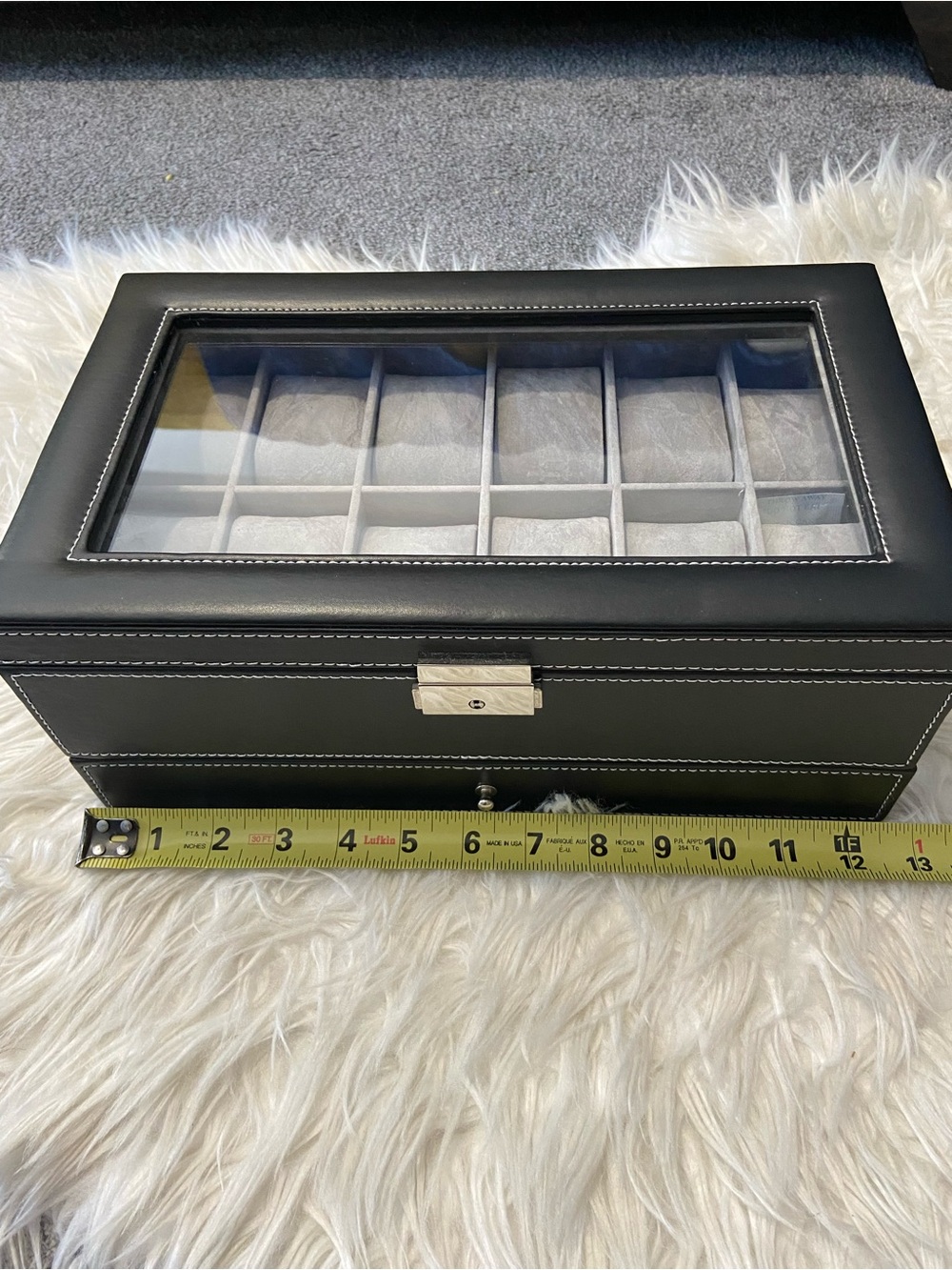 Black Leather Look Watch Jewelry Organizer Box with Glass Top
